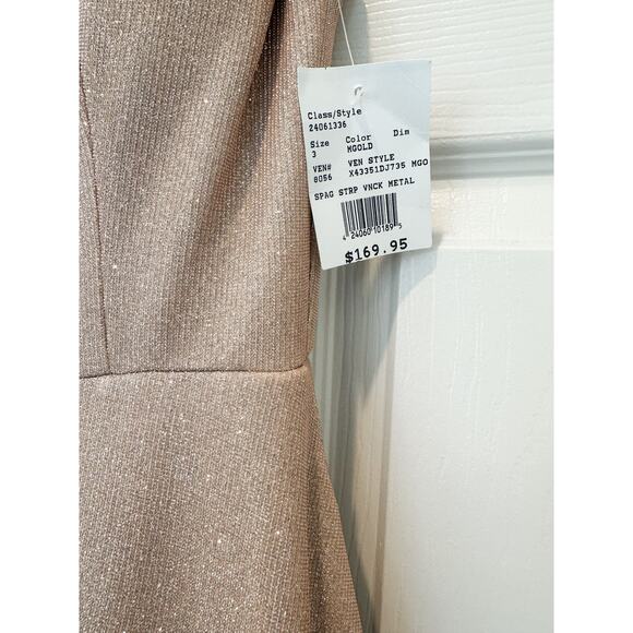 David's Bridal Speechless Gold Glitter Spaghetti Strap Gown Size 3 - Picture 6 of 11